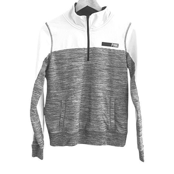 Victoria's Secret Tops - Victoria's Secret Pink 1/4 Zip White Gray Athleisure Sweatshirt Small Read‎